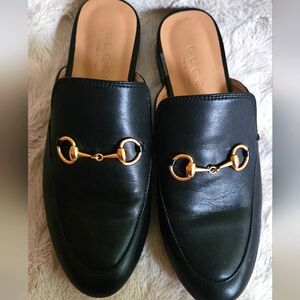 Gucci Princetown Leather Slide Loafers Slipper Size 37/6 Black Gold Horsebit